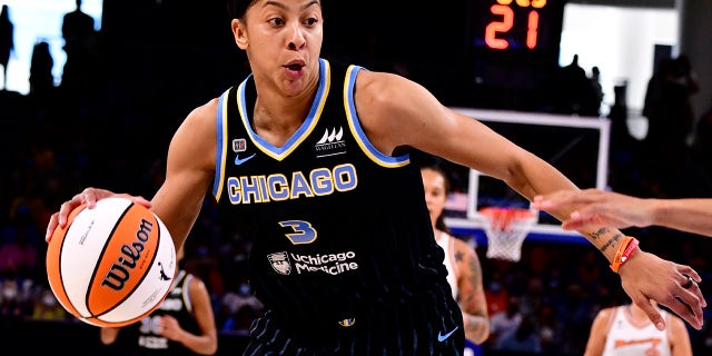 CHICAGO, IL - OCTOBER 17: Candace Parker #3 of the Chicago Sky drives to the basket against the Phoenix Mercury during Game Four of the 2021 WNBA Finals on October 17, 2021 at the Wintrust Arena in Chicago, Illinois.
