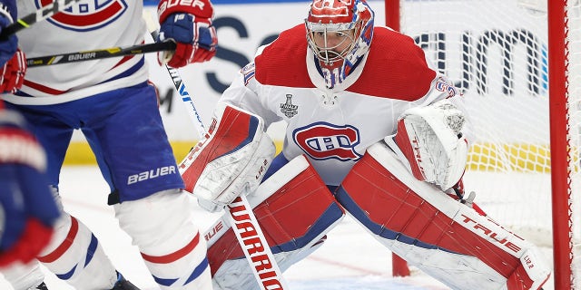 Montreal Canadiens goaltender Carey Price (31) defends the net against the Tampa Bay Lightning during the second period in game five of the 2021 Stanley Cup Final at Amalie Arena.