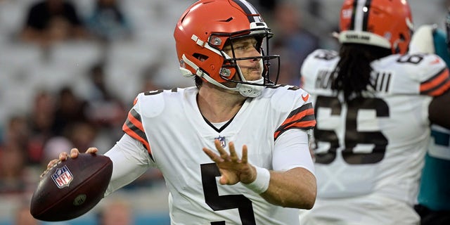 FILE - Cleveland Browns quarterback Case Keenum (5) looks for a receiver during the first half of an NFL preseason football game against the Jacksonville Jaguars in Jacksonville, Fla., in this Saturday, Aug. 14, 2021, file photo.