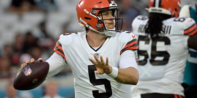 FILE - Cleveland Browns quarterback Case Keenum (5) looks for a receiver during the first half of an NFL preseason football game against the Jacksonville Jaguars in Jacksonville, Fla., in this Saturday, Aug. 14, 2021, file photo.