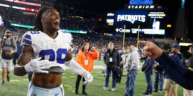Dallas Cowboys wide receiver CeeDee Lamb celebrates after defeating the New England Patriots Oct. 17, 2021, in Foxborough, Mass.