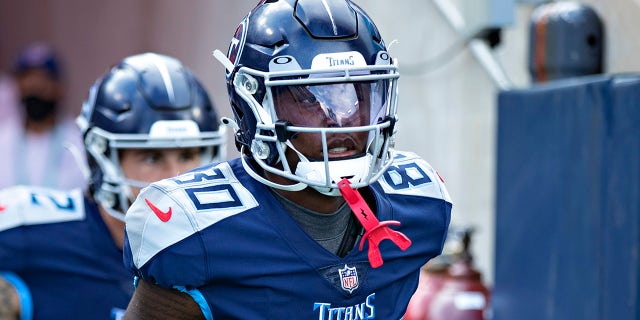 Chester Rogers #80 of the Tennessee Titans jogs onto the field before a NFL Preseason game against the Chicago Bears at Nissan Stadium on August 28, 2021 in Nashville, Tennessee. The Bears defeated the Titans 27-24.