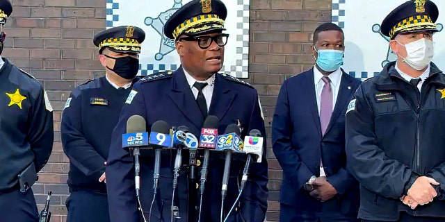 Chicago Police Superintendent David Brown addresses reporters about a shooting. 