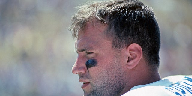 CANTON, OH - JULY 27:  Linebacker Chris Spielman of the Detroit Lions looks on from the sideline during a preseason game against the Denver Broncos at Fawcett Stadium at the Pro Football Hall of Fame on July 27, 1991 in Canton, Ohio.  The Broncos defeated the Lions 14-3. 