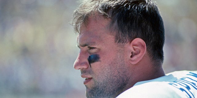 CANTON, OH - JULY 27: Linebacker Chris Spielman of the Detroit Lions looks on from the sideline during a preseason game against the Denver Broncos at Fawcett Stadium at the Pro Football Hall of Fame on July 27, 1991 in Canton, Ohio. The Broncos defeated the Lions 14-3.