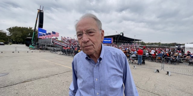 Sen. Chuck Grassley during a Fox News interview at former President Trump's rally in Des Moines, Iowa on Oct. 9, 2021
