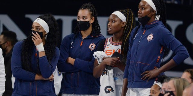 Connecticut Sun players watch during the final seconds in Game 4 of a WNBA basketball playoff semifinal against the Chicago Sky on Wednesday, Oct. 6, 2021, in Chicago. Chicago won 79-69.