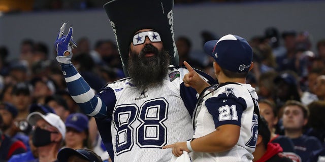 Dallas Cowboys fan cheers during the first half against the Houston Texans at AT&T Stadium.