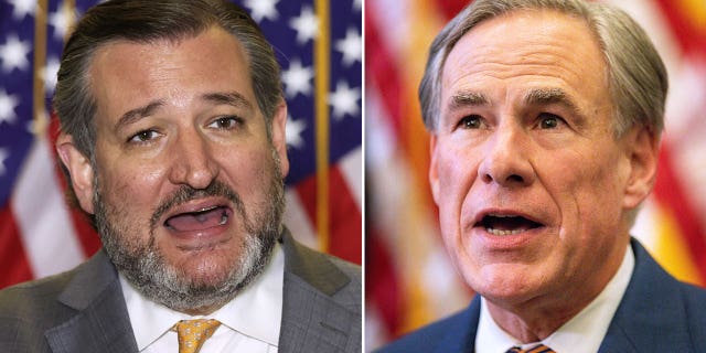 Sen. Ted Cruz on March 24, 2021, in Washington, D.C.  (Photo by Alex Wong/Getty Images) Texas Gov. Greg Abbott in Austin on June 8, 2021. (Photo by Montinique Monroe/Getty Images)