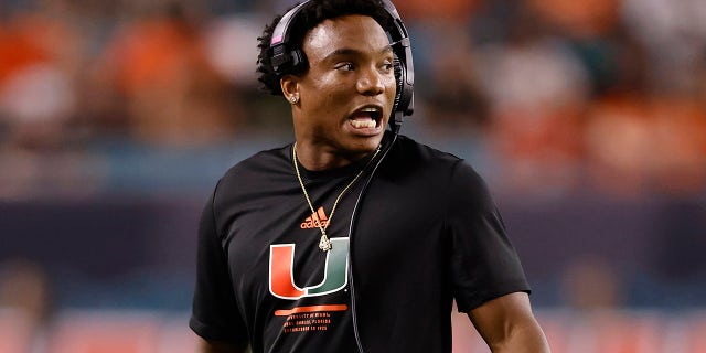 D'Eriq King #1 of the Miami Hurricanes looks on from the sideline during the first half against the Virginia Cavaliers at Hard Rock Stadium on September 30, 2021 in Miami Gardens, Florida. D'Eriq King is out of the game with a shoulder injury.