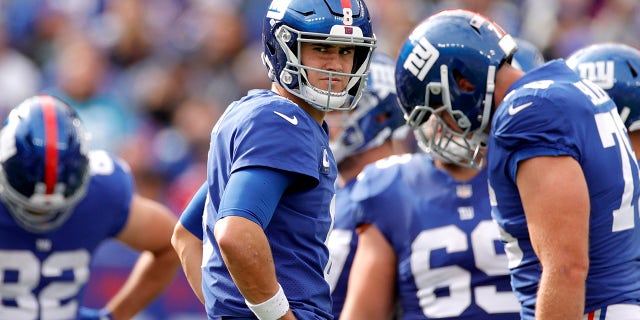 Daniel Jones (8) of the New York Giants reacts during the first half in a game against the Carolina Panthers at MetLife Stadium Oct. 24, 2021 in East Rutherford, New Jersey.