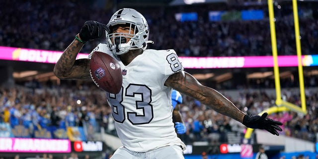 Las Vegas Raiders tight end Darren Waller reacts after scoring a touchdown against the Los Angeles Chargers, Oct. 4, 2021, in Inglewood, California.