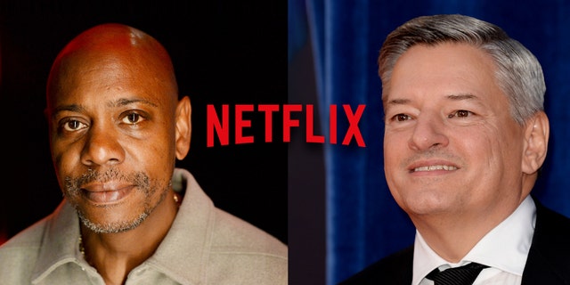 Netflix co-CEO Ted Sarandos, right, has vigorously defended Dave Chappelle against cries from the public and social media for the streaming platform to remove Chappelle's special, 