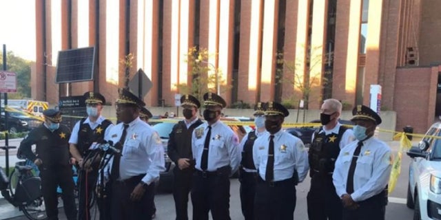 Chicago Police Superintendent David Brown talks to reporters about an officer who was shot in the face during a response call Monday.