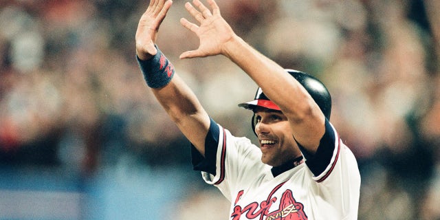David Justice of the Atlanta Braves during Game Two of the World Series against the Cleveland Indians on Oct. 22, 1995 at Atlanta-Fulton County Stadium in Atlanta, Georgia.