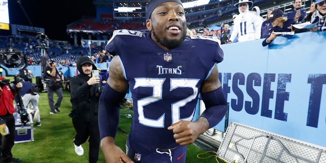 Tennessee Titans running back Derrick Henry leaves the field after the Titans beat the Buffalo Bills 34-31 in an NFL football game Oct. 18 in Nashville.