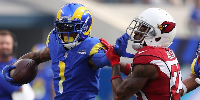 INGLEWOOD, CALIFORNIA - OCTOBER 03:  DeSean Jackson #1 of the Los Angeles Rams and Robert Alford #23 of the Arizona Cardinals at SoFi Stadium on October 03, 2021 in Inglewood, California.