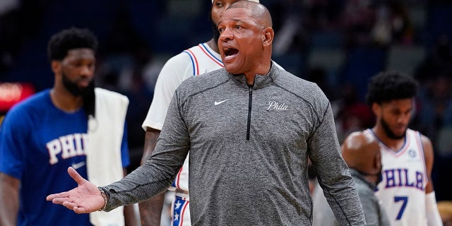 Philadelphia 76ers head coach Doc Rivers appeals to officials during a timeout in the second half of an NBA basketball game against the New Orleans Pelicans in New Orleans, Wednesday, Oct. 20, 2021. The 76ers won 117-97.