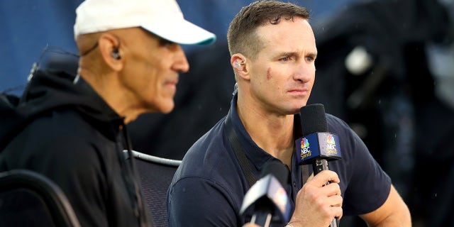 NBC commentator Drew Brees watches a Tampa Bay-New England game at Gillette Stadium on October 3, 2021 in Foxboro, Massachusetts.