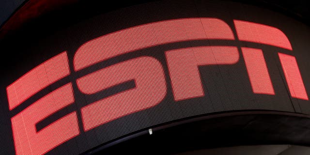 The ESPN logo on an electronic display in Times Square in New York City. 