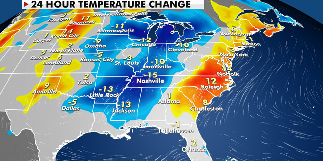 24-hour temperature change in the East