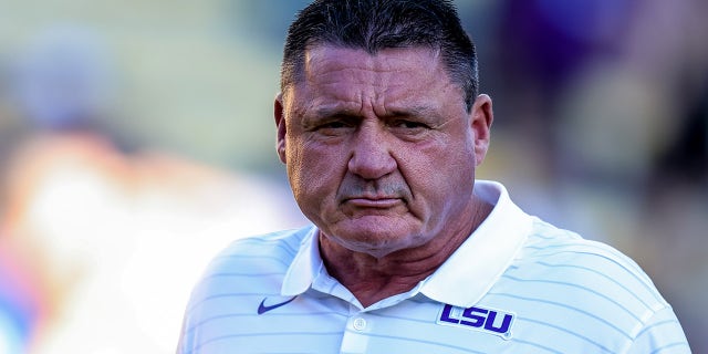 LSU Tigers head coach Ed Orgeron looks on against Central Michigan Chippewas during the first half at Tiger Stadium.