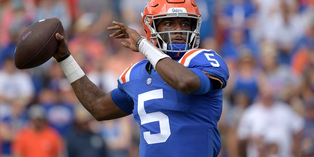 Florida quarterback Emory Jones (5) throws a pass during the first half of an NCAA college football game against Vanderbilt, Saturday, Oct. 9, 2021, in Gainesville, Fla.