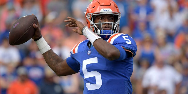 Florida quarterback Emory Jones (5) throws a pass during the first half of an NCAA college football game against Vanderbilt, Saturday, Oct. 9, 2021, in Gainesville, Fla.