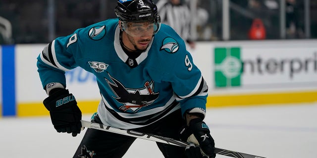 In this May 12, 2021, file photo, San Jose Sharks' Evander Kane (9) during an NHL hockey game against the Vegas Golden Knights in San Jose, Calif. The NHL has suspended Kane for 21 games for submitting a fake COVID-19 vaccination card. The league announced the suspension without pay on Monday, Oct. 18, 2021, and said Kane will not be eligible to play until Nov. 30 at New Jersey.