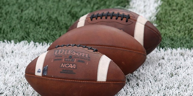 Footballs are lined up before the game between Georgia State Panthers and Louisiana-Lafayette Ragin Cajuns on Sept. 19, 2020, at Center Parc Stadium in Atlanta.