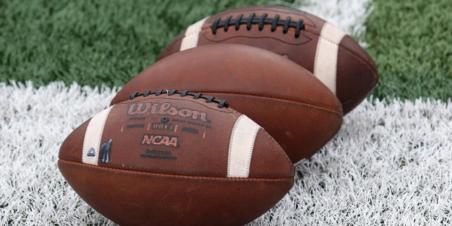 Footballs are lined up before the game between Georgia State Panthers and Louisiana-Lafayette Ragin Cajuns on Sept. 19, 2020, at Center Parc Stadium in Atlanta.