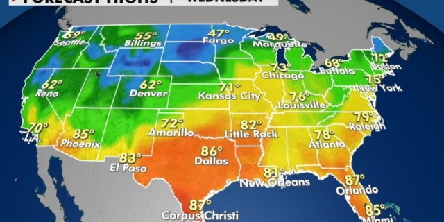 Forecast high temperatures on Wednesday