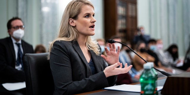 Frances Haugen testifies during a Senate Committee on Commerce, Science, and Transportation hearing entitled "Protecting Kids Online: Testimony from a Facebook Whistleblower" on Capitol Hill in October in Washington, D.C.