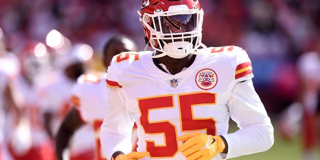 Frank Clark #55 of the Kansas City Chiefs warms up before the game against the Washington Football Team at FedExField on October 17, 2021 in Landover, Maryland.