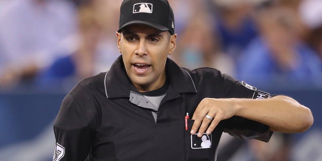 Home plate umpire Gabe Morales during the Toronto Blue Jays' MLB game against the Boston Red Sox at Rogers Centre on August 9, 2018 in Toronto, Canada.
