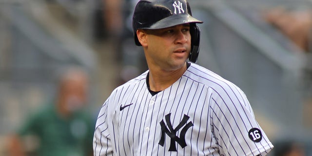 Gary Sanchez of the New York Yankees reacts after striking out in the bottom of the third inning against the Tampa Bay Rays at Yankee Stadium on October 03, 2021 in New York City.