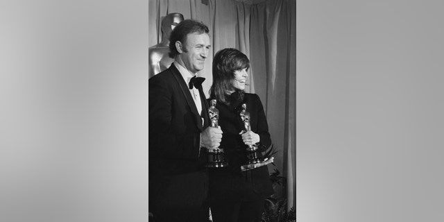 The best actor and actress for 1971, Gene Hackman and Jane Fonda, hold on tightly to their just presented Oscars at the 44th annual Academy Awards at the Music Center. Hackman won for his starring role in ‘The French Connection,’ while Fonda won for her role in ‘Klute.’