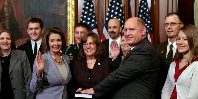 Glenn Thompson (R-PA) is sworn in by Speaker of the House Nancy Pelosi during a mock ceremony on Capitol Hill, January 6, 2008, in Washington, D.C. (Photo by Andrew Councill/MCT/Tribune News Service via Getty Images)