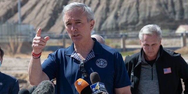 John Cutco and Kevin McCarthy speak to reporters during a March 15, 2021, visit by a congressional Border Delegation to El Paso, Texas.