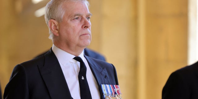 Britain's Prince Andrew, Duke of York, attends the ceremonial funeral procession of Britain's Prince Philip, Duke of Edinburgh, to St George's Chapel in Windsor Castle in Windsor, west of London, on April 17, 2021. (CHRIS JACKSON/POOL/AFP via Getty Images)