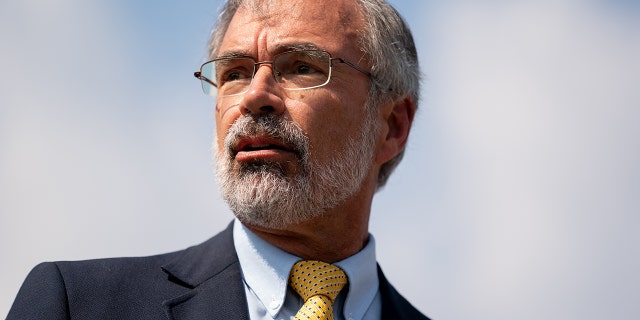 Rep. Andy Harris, R-Md., speaks during a news conference outside the U.S. Capitol in Washington, Aug. 23, 2021. The Democratic Congressional Campaign Committee announced Thursday that it's targeting Harris because his district was switched to a blue-leaning district in the state's redistricting process.