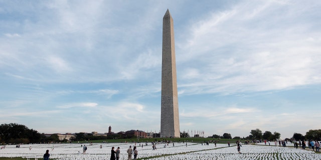 White flags honoring the lives lost to COVID-19 are seen on the National Mall in Washington, D.C., the United States, on Oct. 2, 2021.  