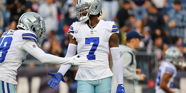 Dallas Cowboys cornerback Trevon Diggs (7) warms up prior to the National Football League game between the New England Patriots and the Dallas Cowboys on Oct.  17, 2021 at Gillette Stadium in Foxborough, Massachusetts.