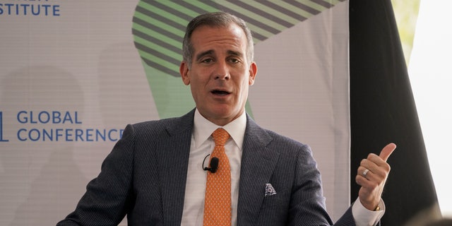 Eric Garcetti, mayor of Los Angeles, participates in a panel discussion during the Milken Institute Global Conference in Beverly Hills, California, U.S., on Monday, Oct. 18, 2021. The event convenes the best minds in the world to tackle its most urgent challenges and to help realize its most exciting opportunities. Photographer: Kyle Grillot/Bloomberg via Getty Images