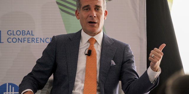 Eric Garcetti, mayor of Los Angeles, participates in a panel discussion during the Milken Institute Global Conference in Beverly Hills, California, U.S., on Monday, Oct. 18, 2021. The event convenes the best minds in the world to tackle its most urgent challenges and to help realize its most exciting opportunities. Photographer: Kyle Grillot/Bloomberg via Getty Images