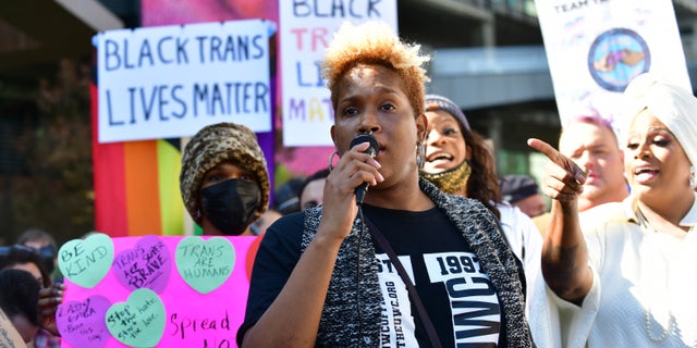 LOS ANGELES, CALIFORNIA - OCTOBER 20: Neverending Nina speaks as Trans employees and allies at Netflix walkout in protest of Dave Chappelle special on October 20, 2021 in Los Angeles, California. Netflix has decided to air Chappelle’s special, which contains jokes about transgender people, even though some employees have voiced concerns they feel have been ignored by the company. (Photo by Rodin Eckenroth/Getty Images)