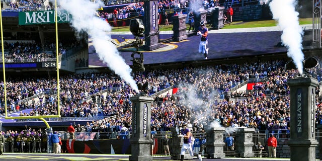 Baltimore Ravens tight end Mark Andrews (89) is introduced to the crowd before a game against the Los Angeles Chargers Oct. 17, 2021 at M and T Bank Stadium in Baltimore.
