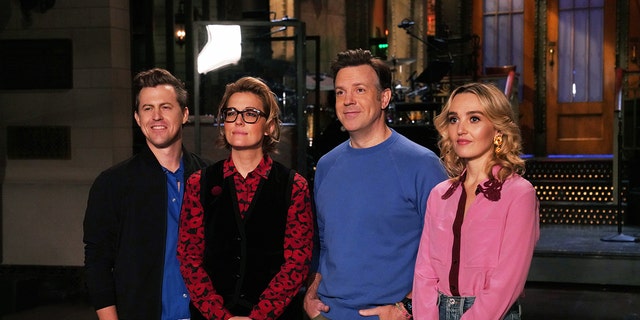 From left: "Saturday Night Live" cast member Alex Moffat, musical guest Brandi Carlile, guest host Jason Sudeikis and cast member Chloe Fineman in NBC's Studio 8H in New York City, Oct. 21, 2021.