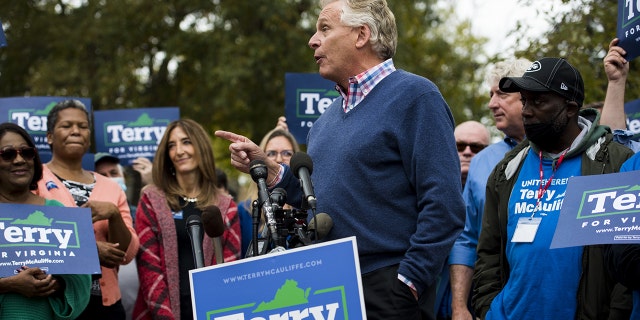 Terry McAuliffe, Democratic candidate for governor of Virginia, speaks during a campaign event in Manassas, Virginia, United States, Sunday, October 31, 2021.