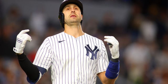 Joey Gallo #13 of the New York Yankees reacts after lining out to right field in the bottom of the sixth inning against the Tampa Bay Rays at Yankee Stadium on Oct. 1, 2021 in New York City.